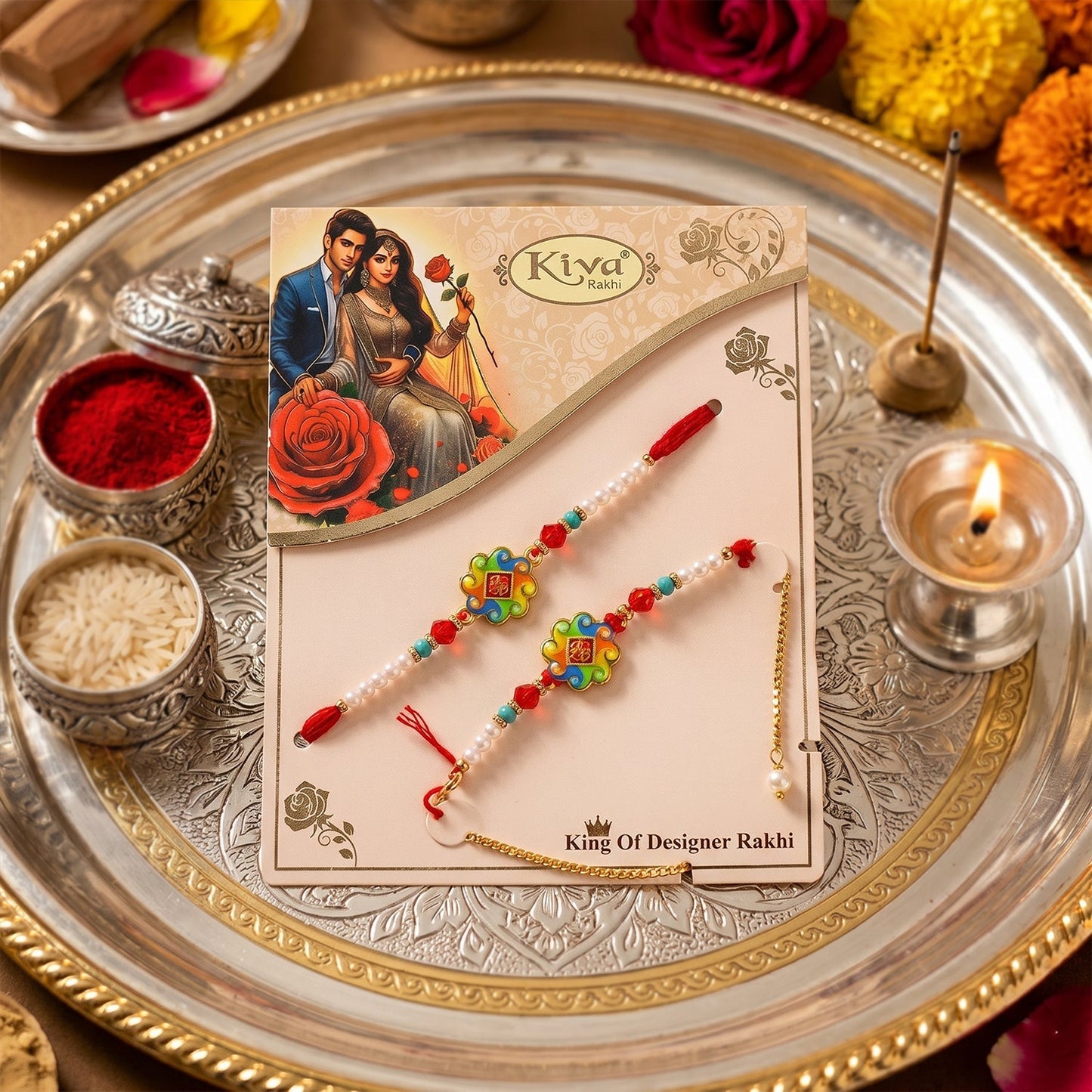 Decorative Om Symbol Rakhi with pearl beads, presented on a vibrant background