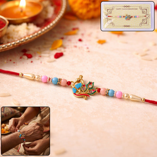 Decorative peacock-inspired designer rakhi with vibrant beads