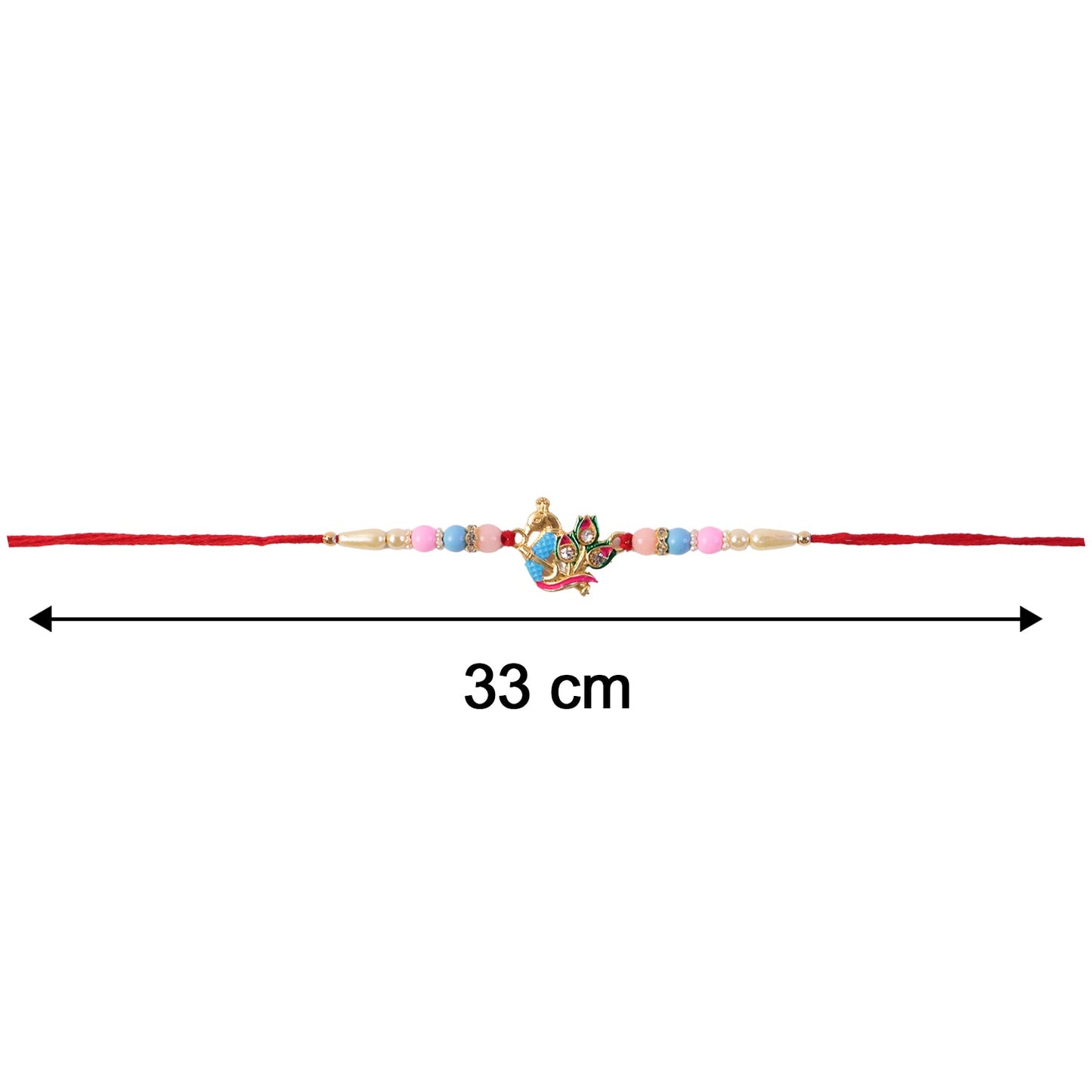 Size reference for premium peacock motif Rakhi showing its dimensions