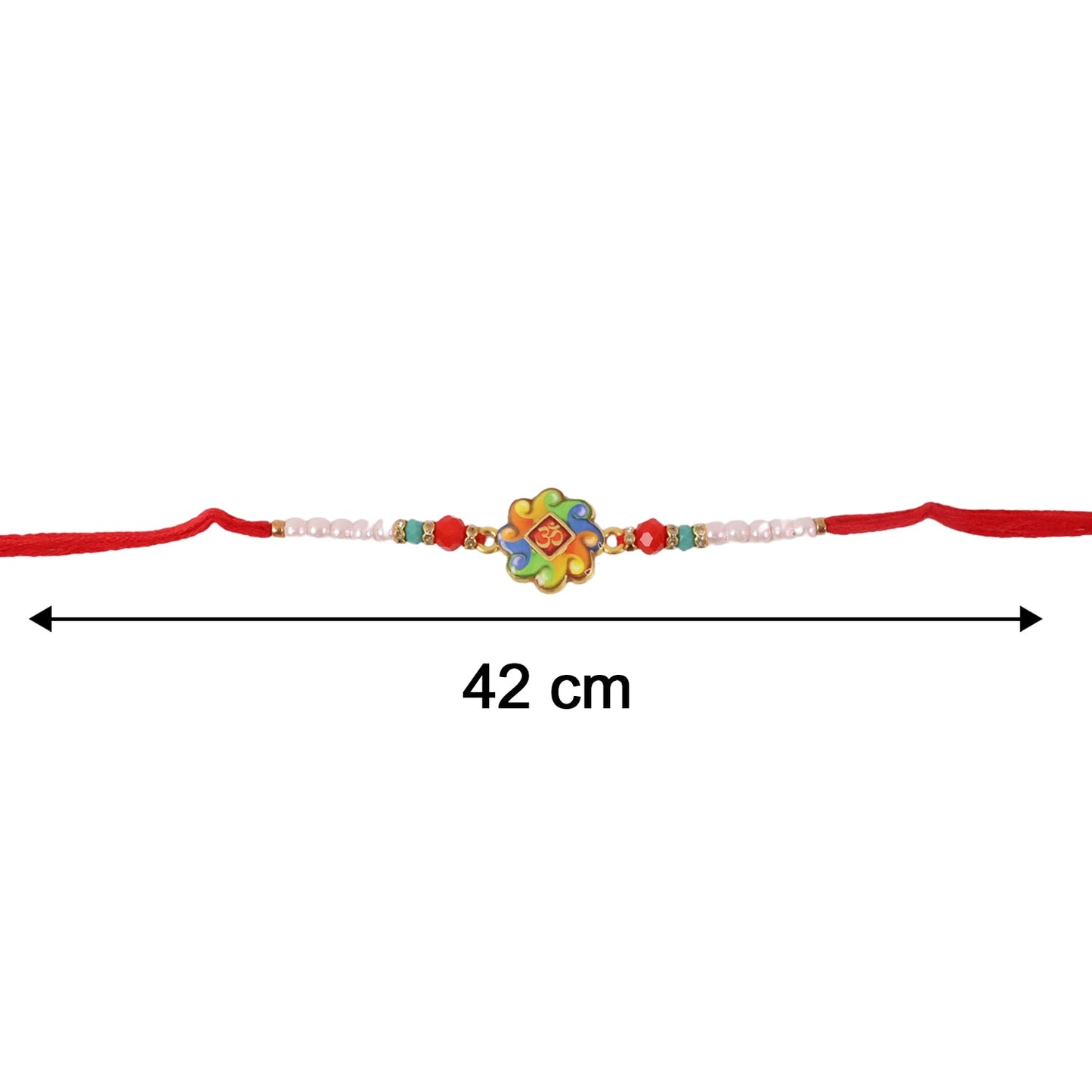 Om Symbol Rakhi next to a scale for size reference, showing its compact design