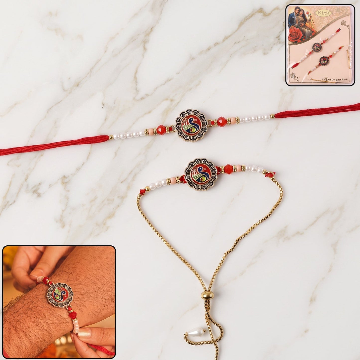Close-up of decorative pearl beads on classic Peacock Rakhi design