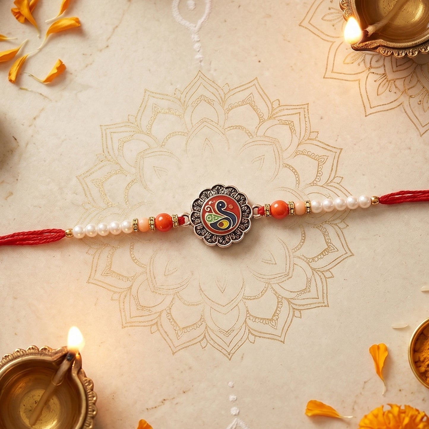 Elegant Peacock Designer Rakhi with pearl beads showcasing traditional craftsmanship