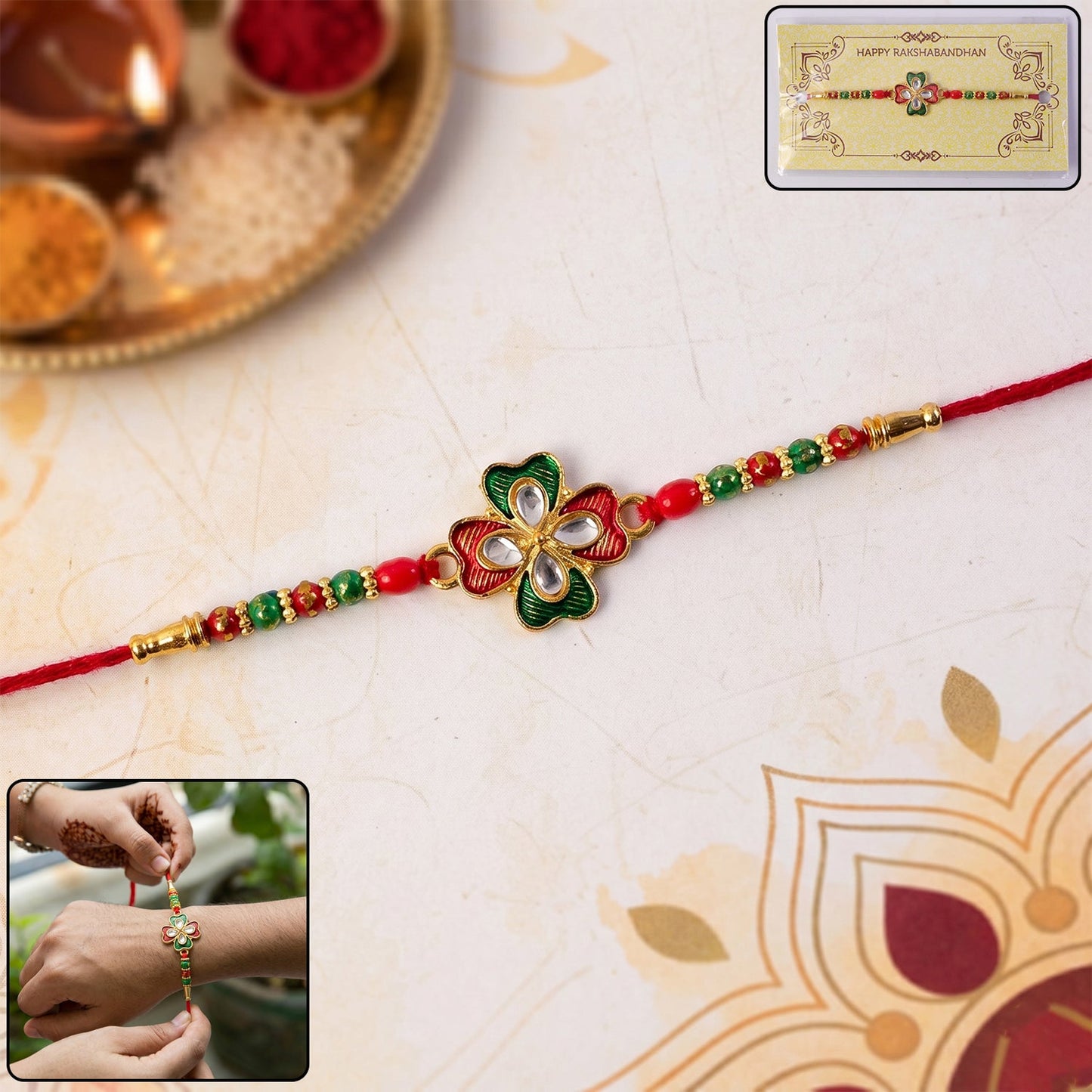 Close-up of floral designer rakhi featuring stone centerpiece and colorful beads