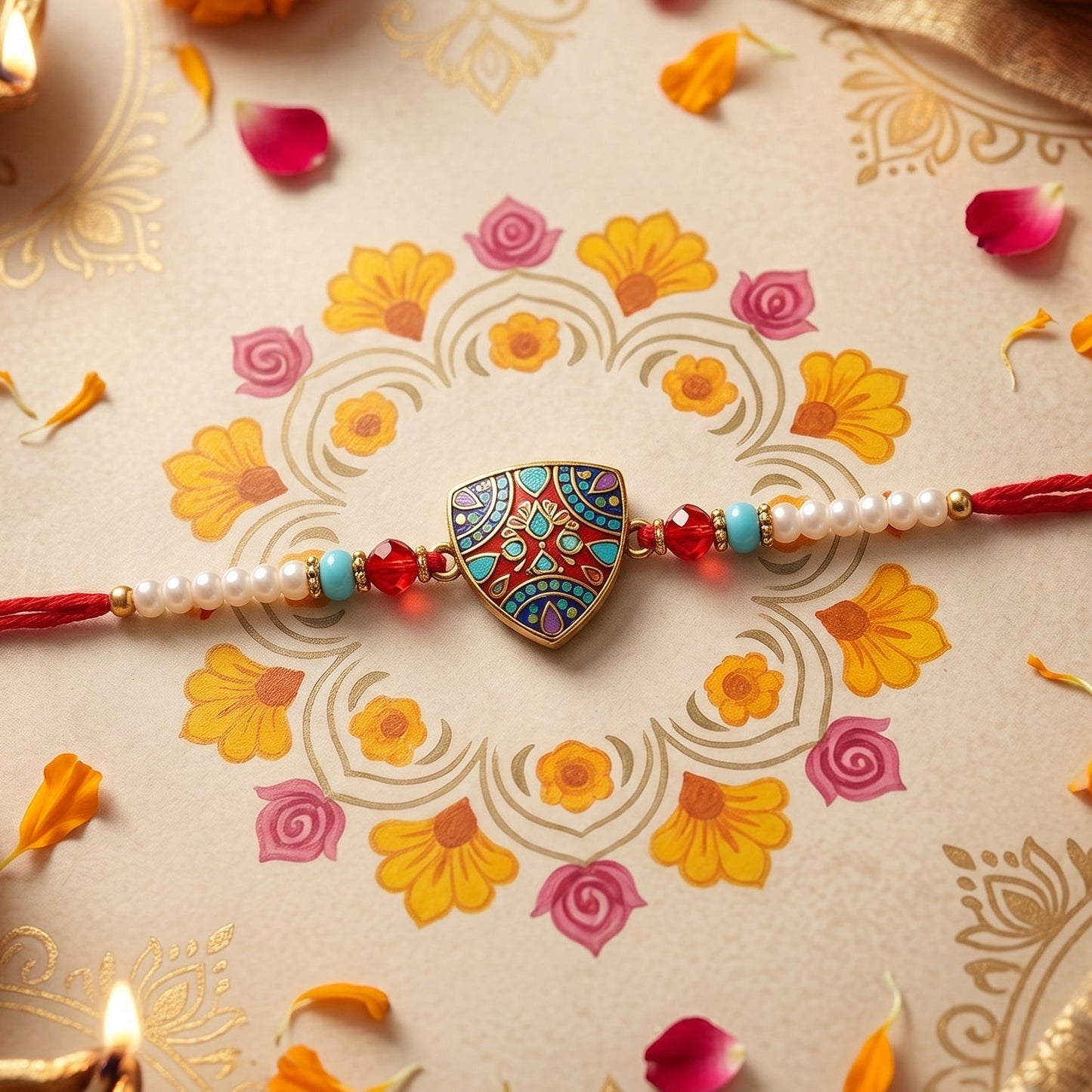Rakhi tied with soft thread featuring decorative triangle design