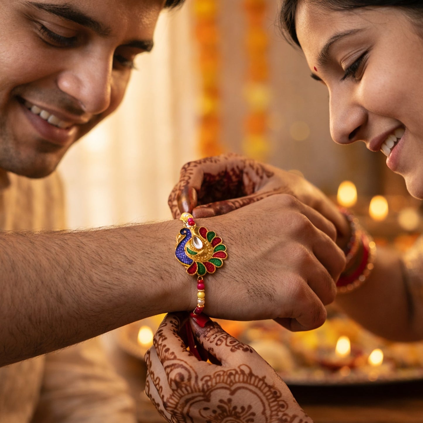 Peacock rakhi showing colorful bead accents
