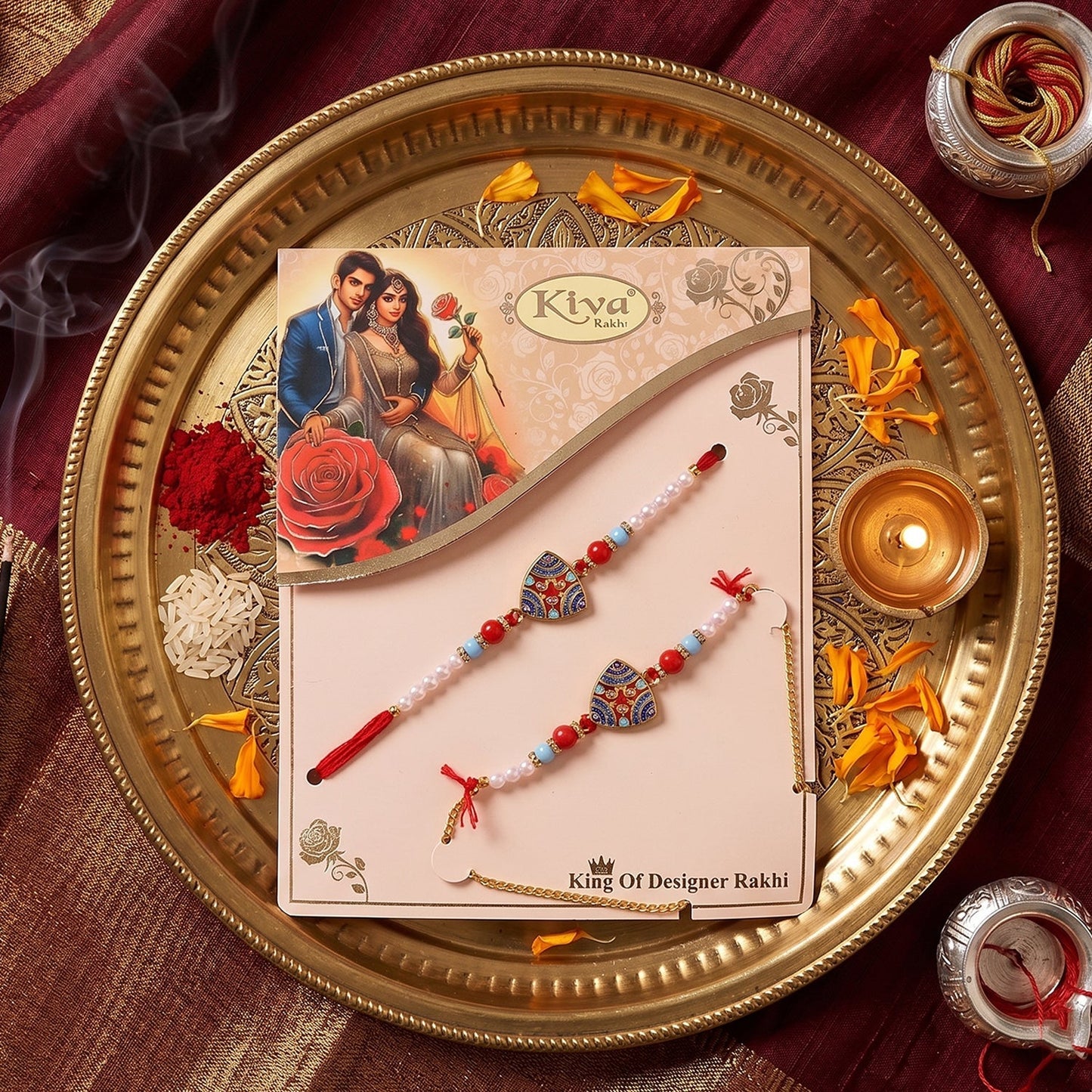Elegant designer Rakhi showing detailed pearl bead design
