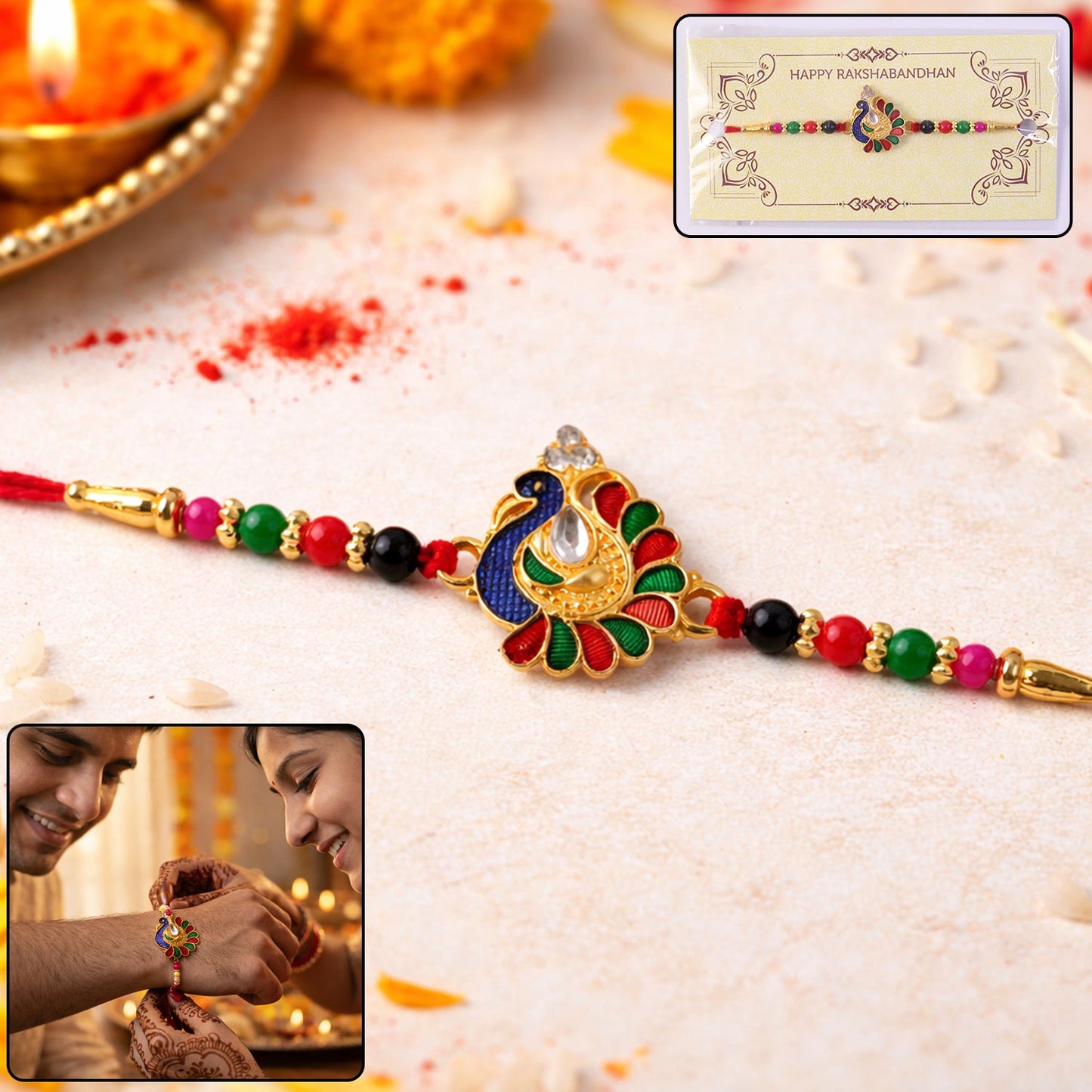 Elegant peacock designer rakhi with multicolor beads