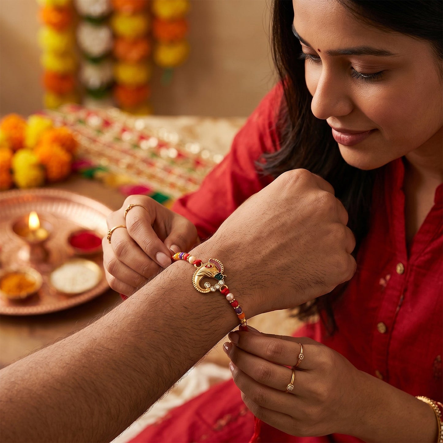 Traditional festive rakhi highlighting intricate thread details