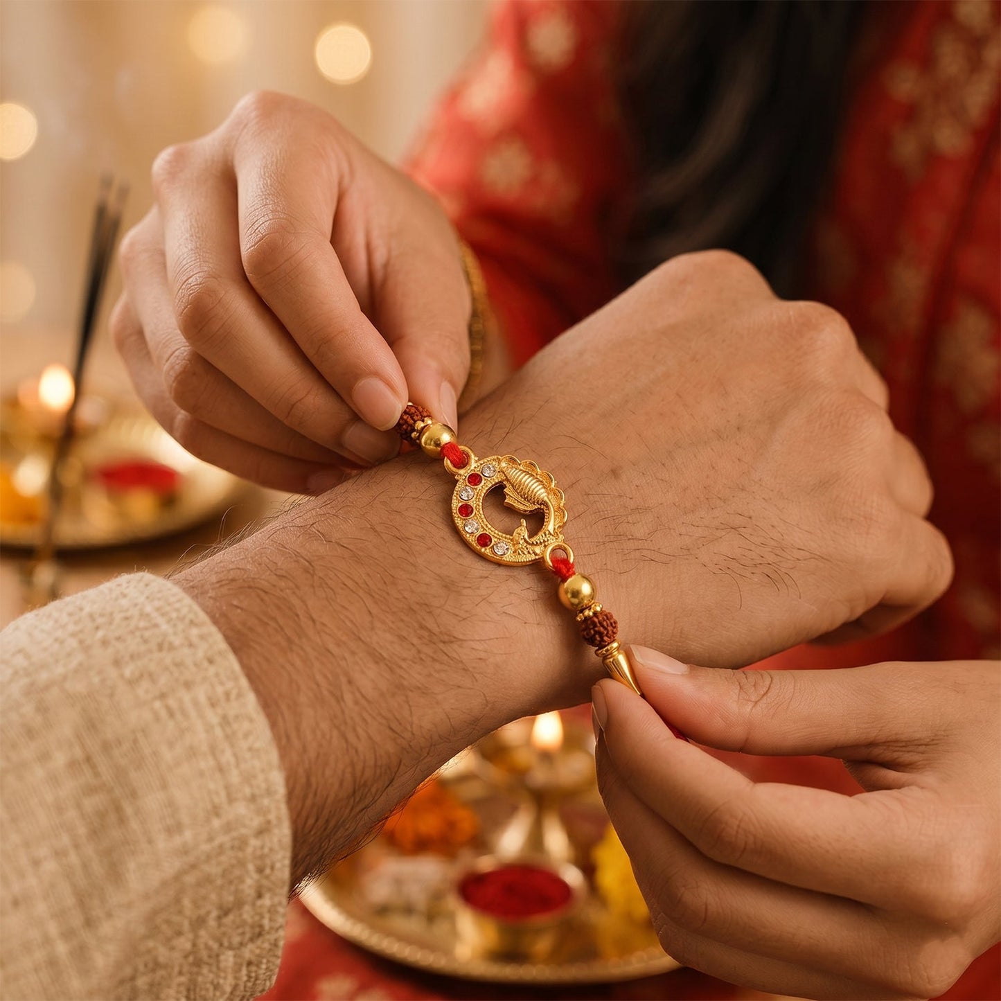 Traditional Rakhi featuring modern decorative bead elements