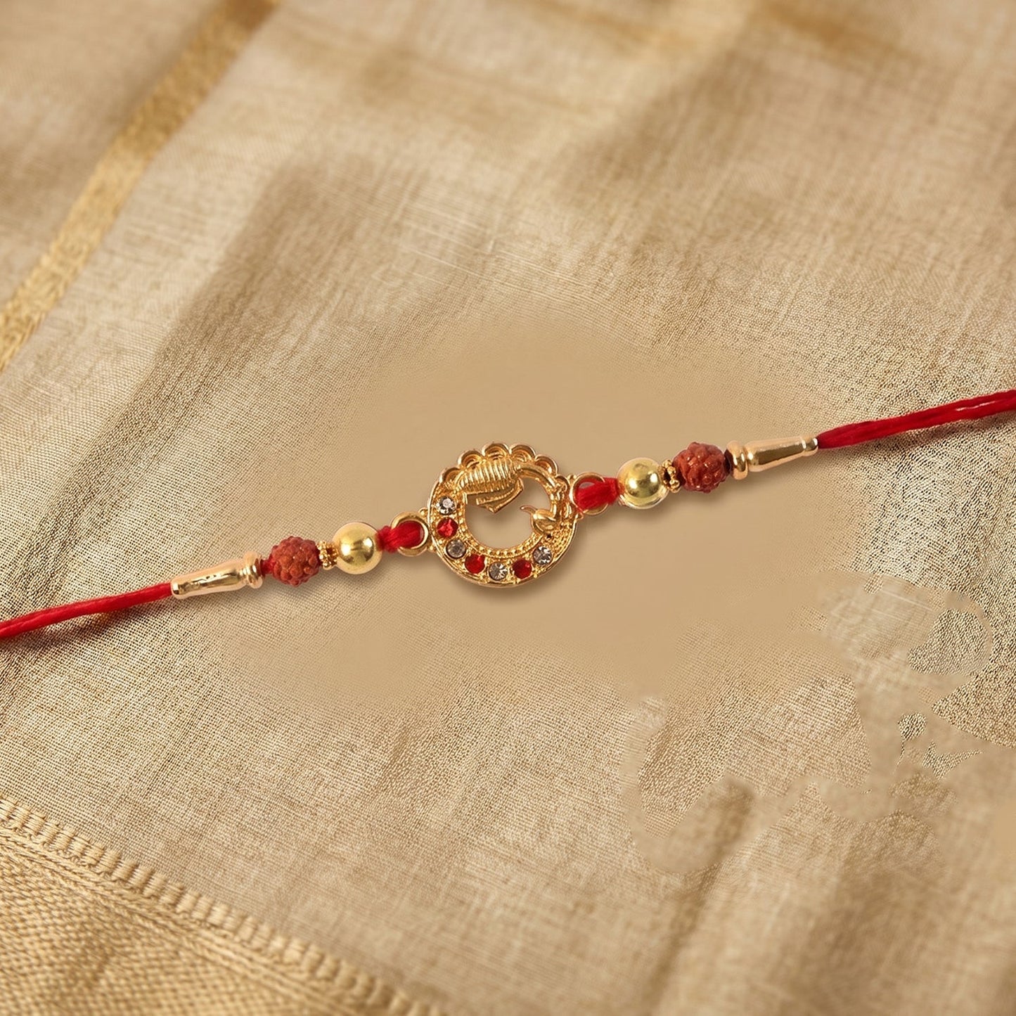 Detailed view of designer Rakhi centerpiece craftsmanship