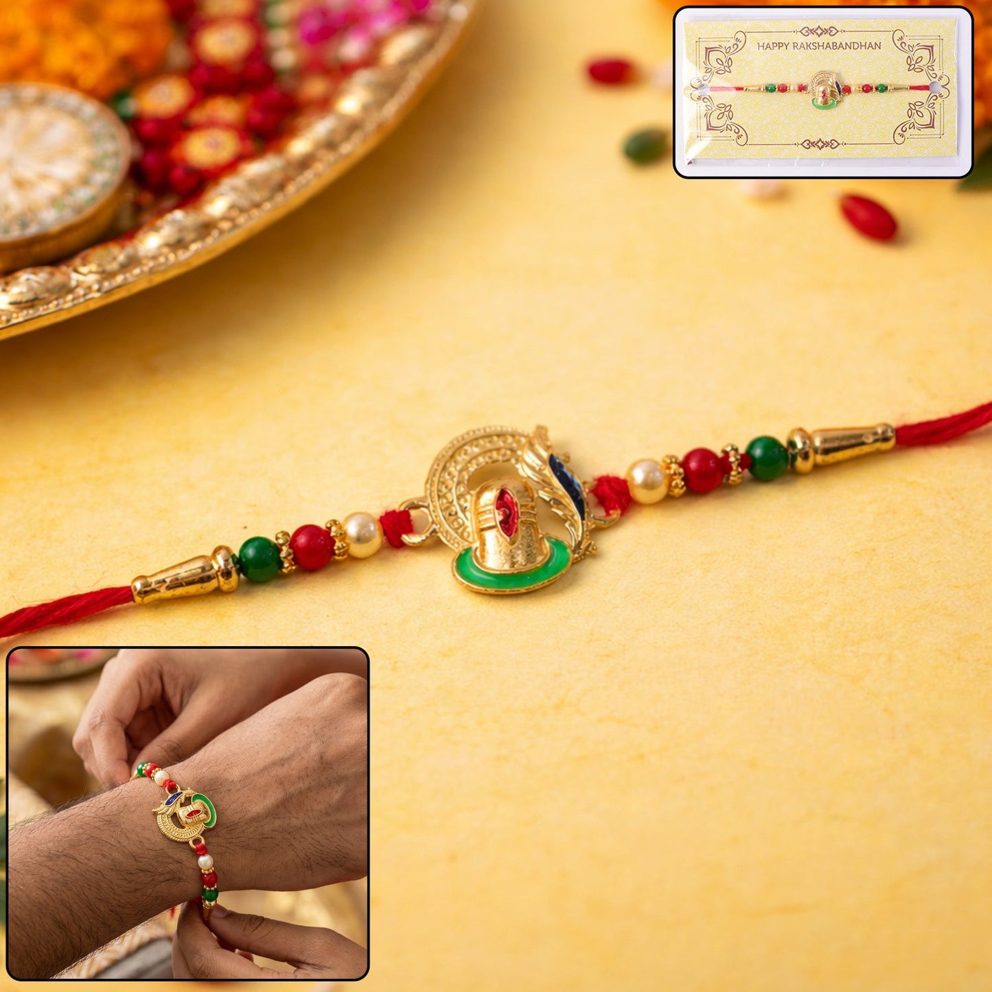 Closeup of colorful beaded Ganesha Rakhi for brother