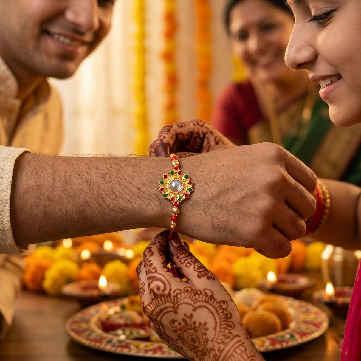 Rakhi on decorated plate with flowers, perfect for Raksha Bandhan celebration