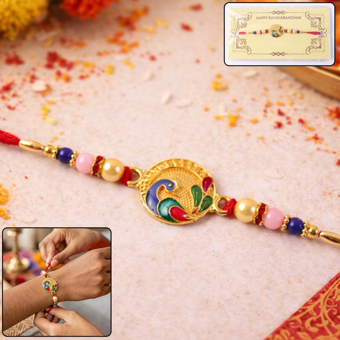 Close-up of detailed peacock motif rakhi with vibrant beads
