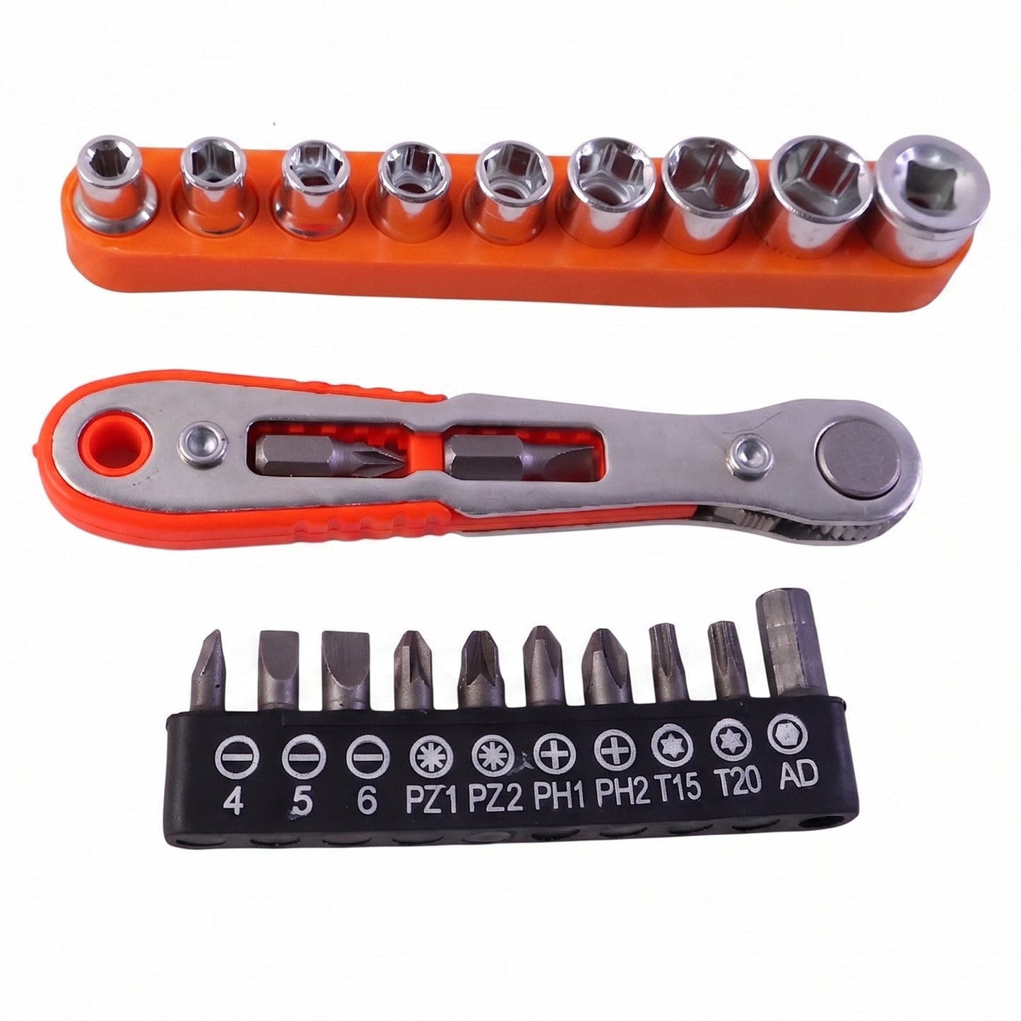 Compact tool kit with ratchet, sockets, and screwdriver bits for home repairs
