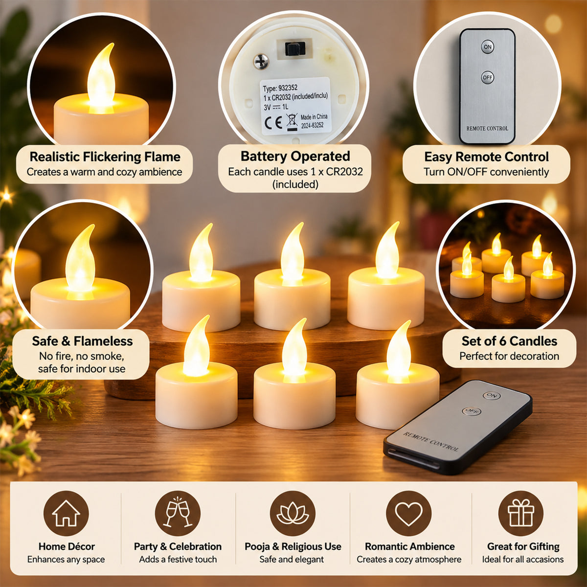 Premium 6 Piece LED Flameless Candle Light Set with Remote Control