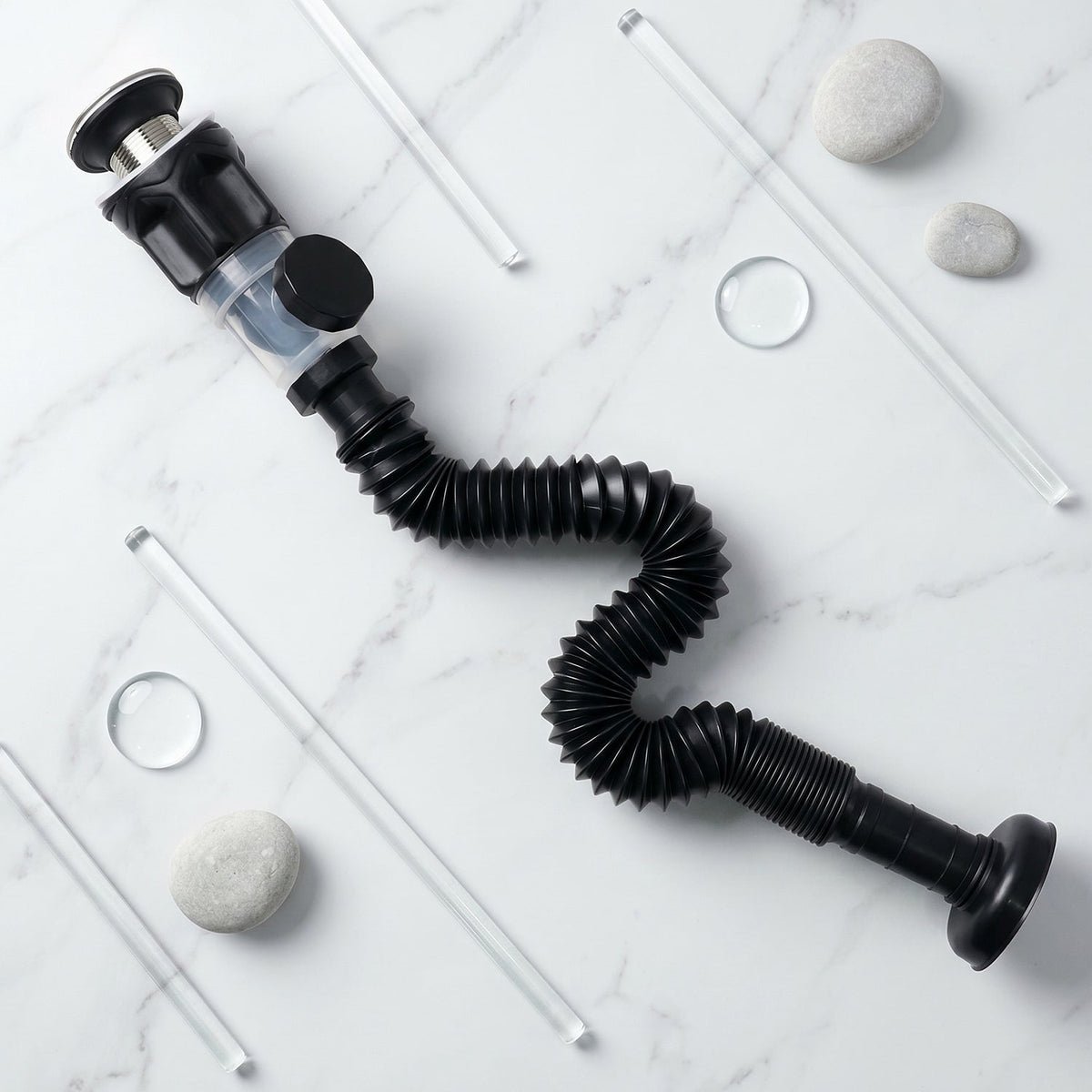 Close-up shot of flexible sink drain pipe being installed in bathroom