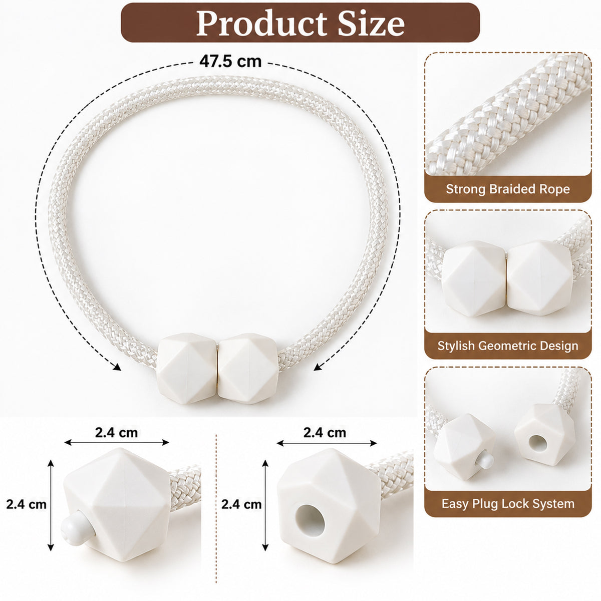 Non-Magnetic Curtain Tiebacks: Decorative Pearl Design (2 Pc, (Without Magnet Buckle)