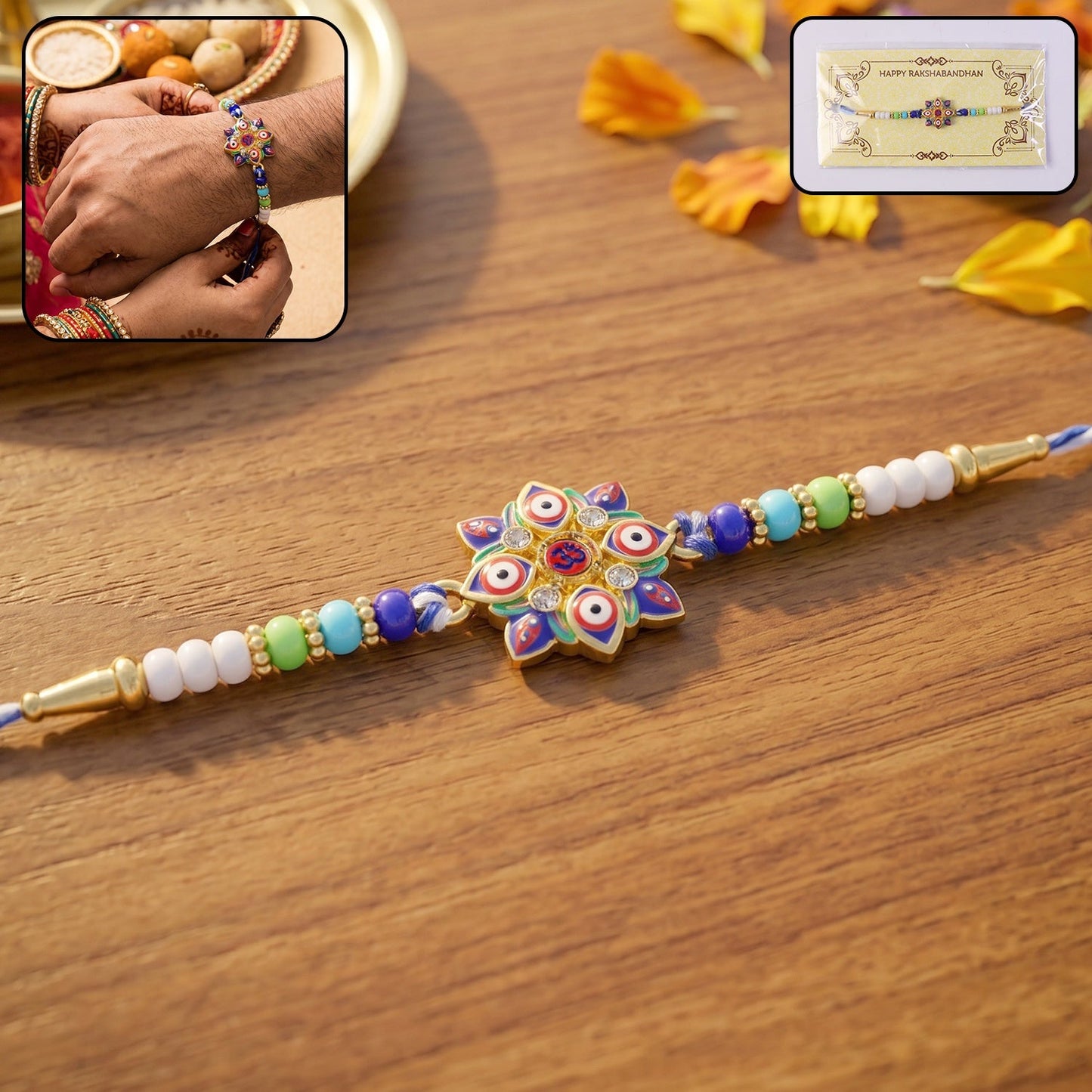 Evil Eye OM Star Rakhi with decorative beads and protective symbols
