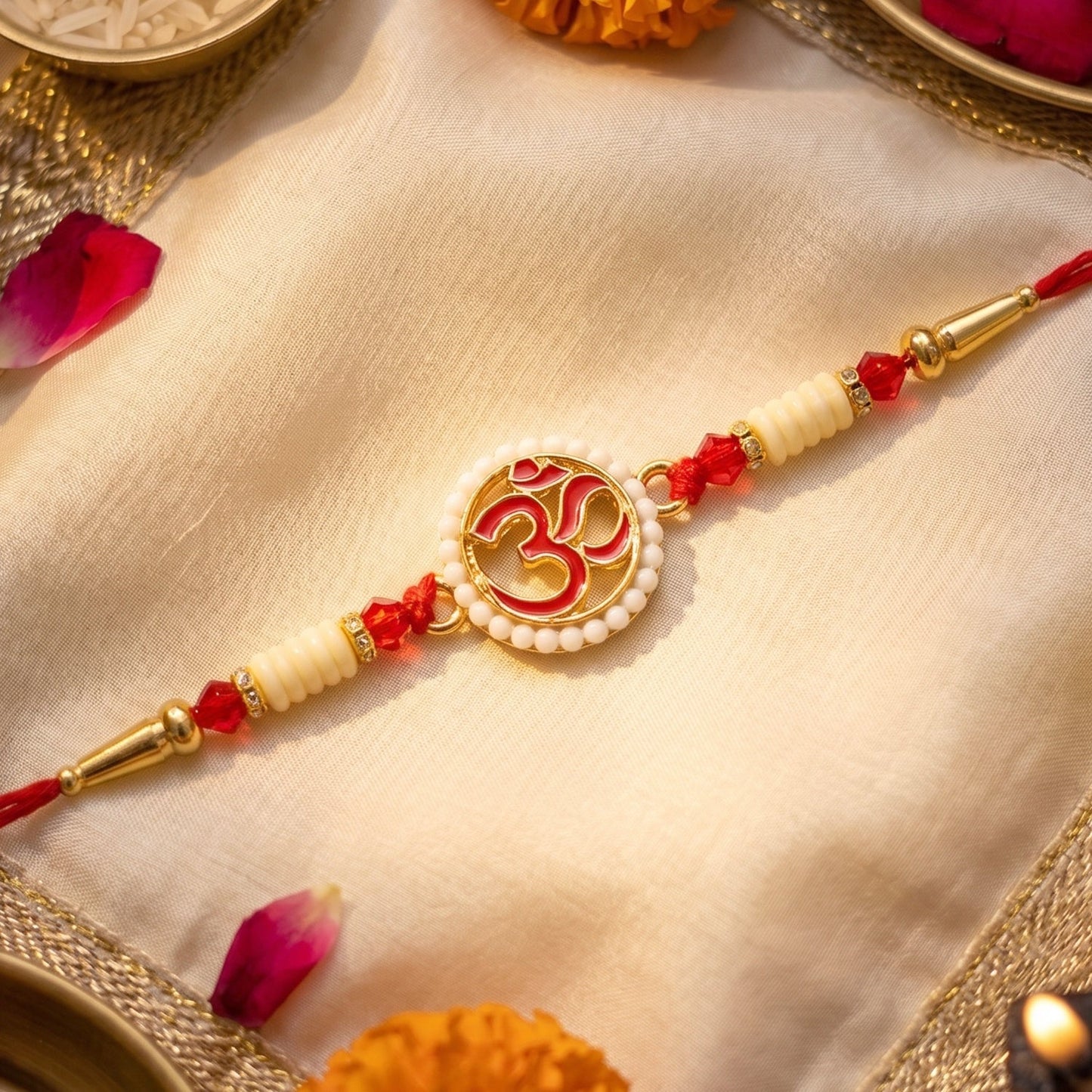 OM Symbol with pearl frame and soft thread on Rakhi