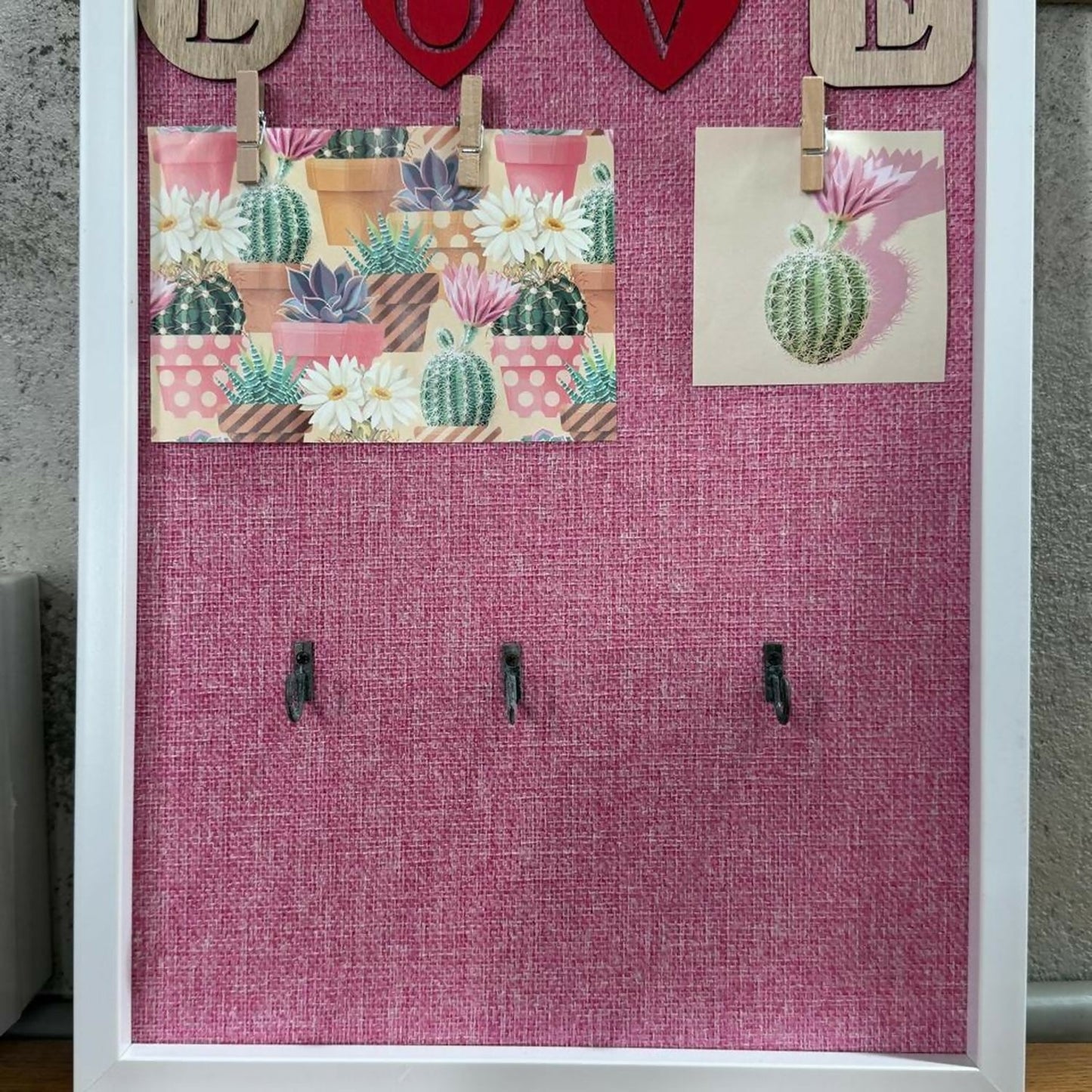 Decorative Wooden Wall Hanging Key Holder with 3 Hooks, Love Lettering & Cactus Print â€“ Stylish Wall Organizer for Home, Bedroom & Living Room â€“ Modern Wall DÃ©cor Key Hanger Frame (Pink, White Frame)