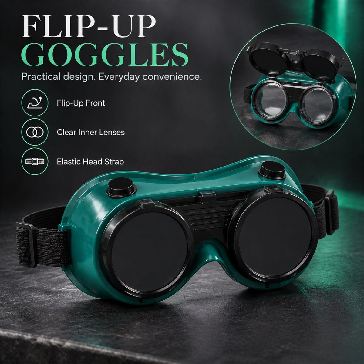 Green flip-up goggles with dark lenses, an elastic strap, and text highlighting practical design features.