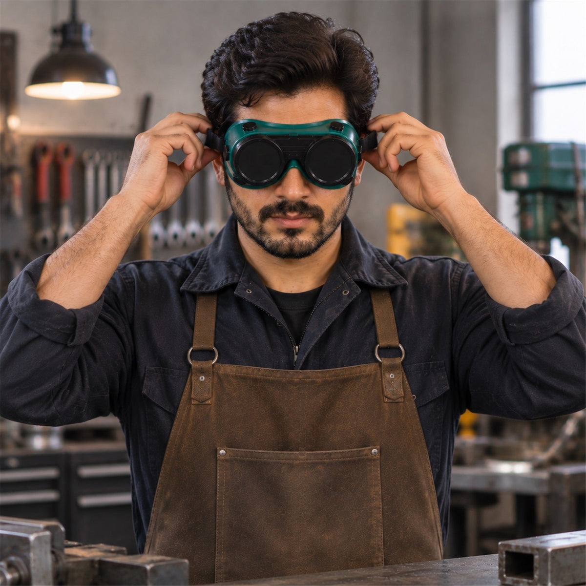 A man in a workshop adjusting green welding goggles on his head, wearing a brown apron.