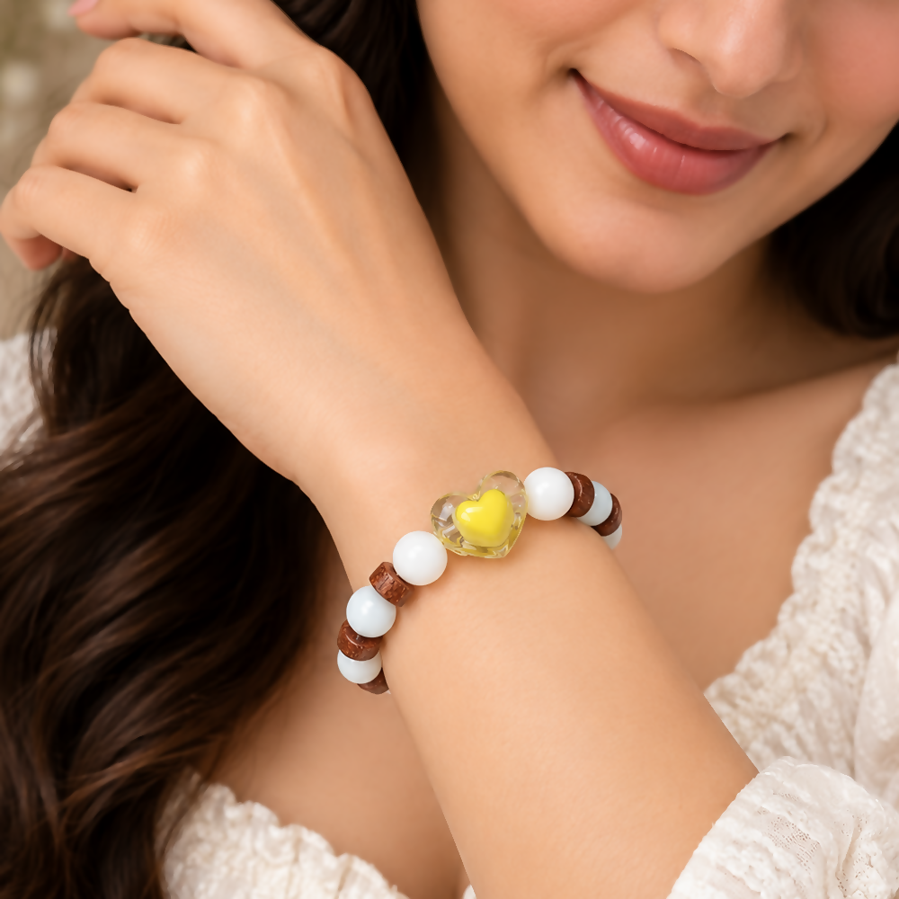 Heart Charm Bracelet with White Beads and Rustic Brown Spacer Details
