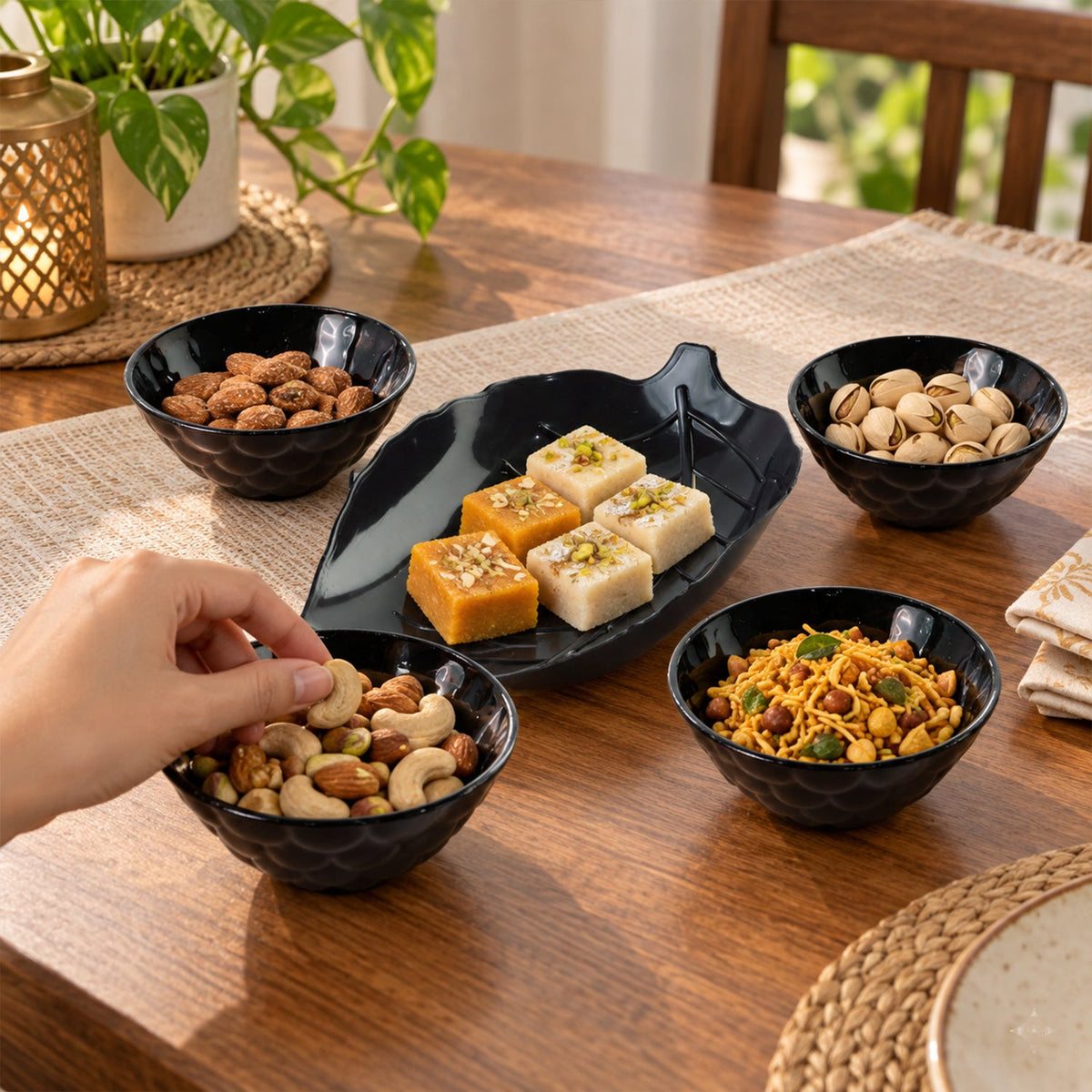A hand reaches for cashews from a small black bowl, surrounded by other bowls of snacks and sweets.