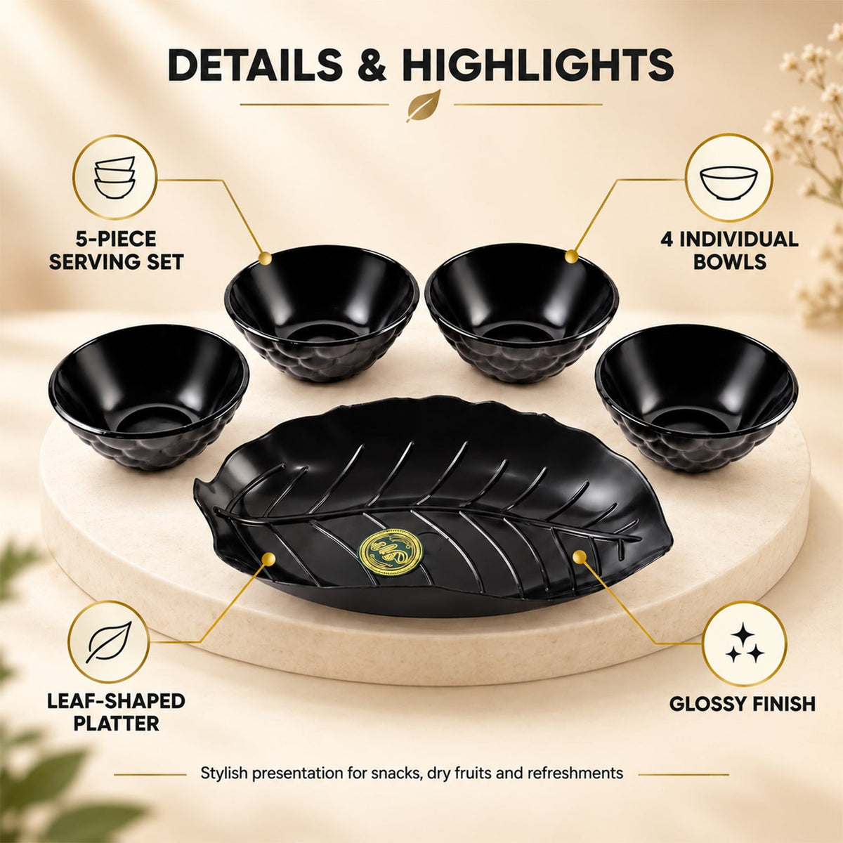 Product details graphic showing a black leaf-shaped platter and four small black bowls with text descriptions.