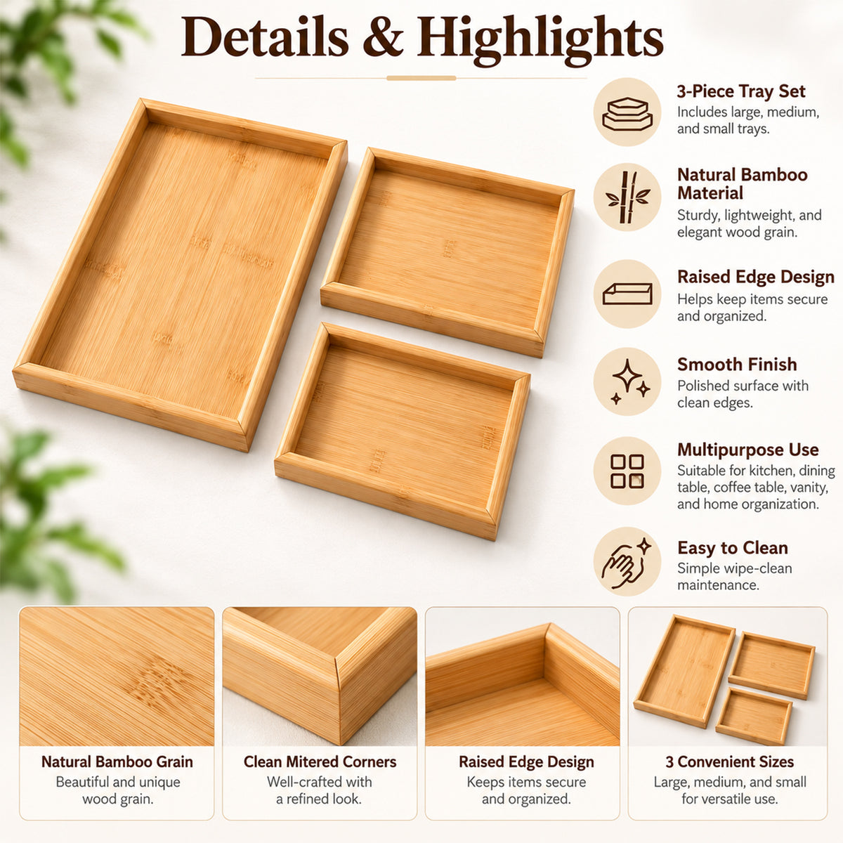Wooden Finish Multipurpose Serving Tray Set (3 Pc)