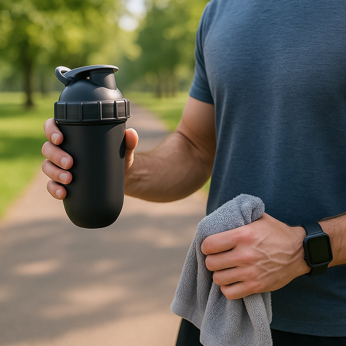 A person holds a black shaker bottle and a grey towel while standing on a path in a park.