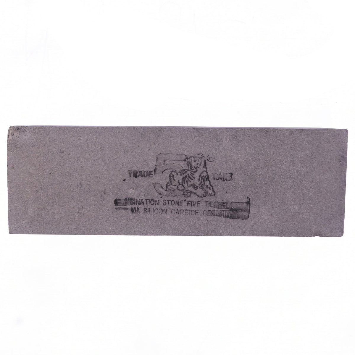 Top-down view of a gray rectangular sharpening stone with black text and a tiger logo on a white background.