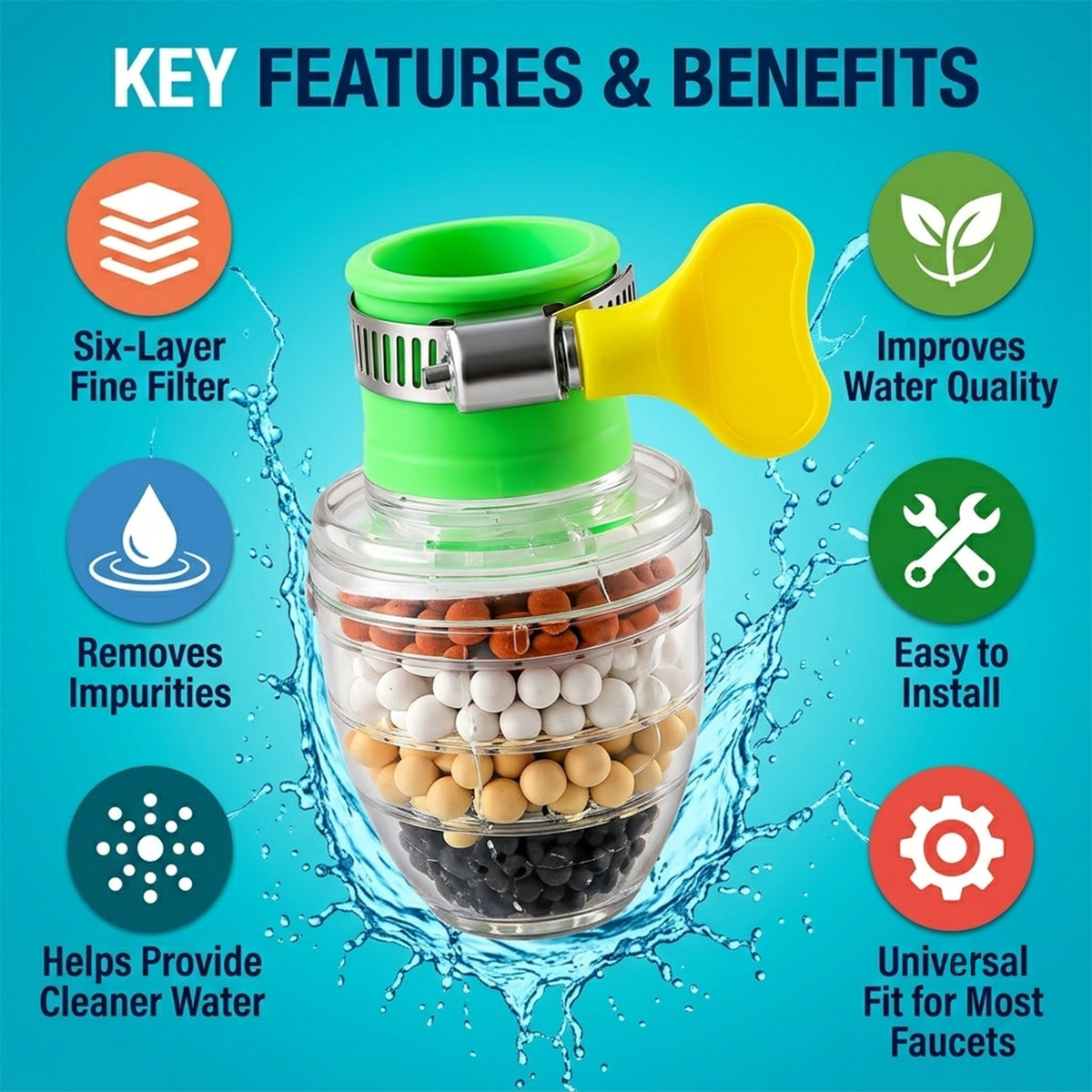 Six Layer Carbon Faucet Water Filter with Adjustable Clamp for Sink (1 Pc)