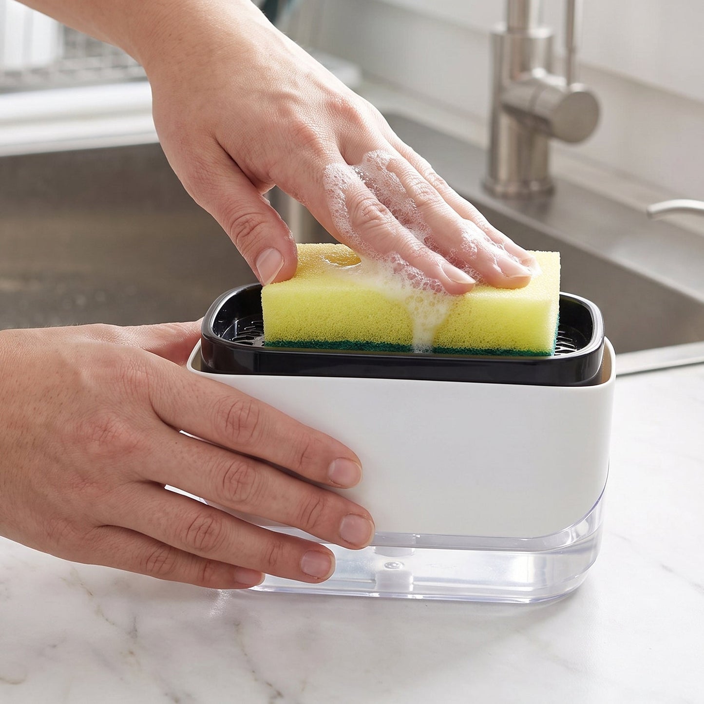 Sponge resting in the holder tray after use