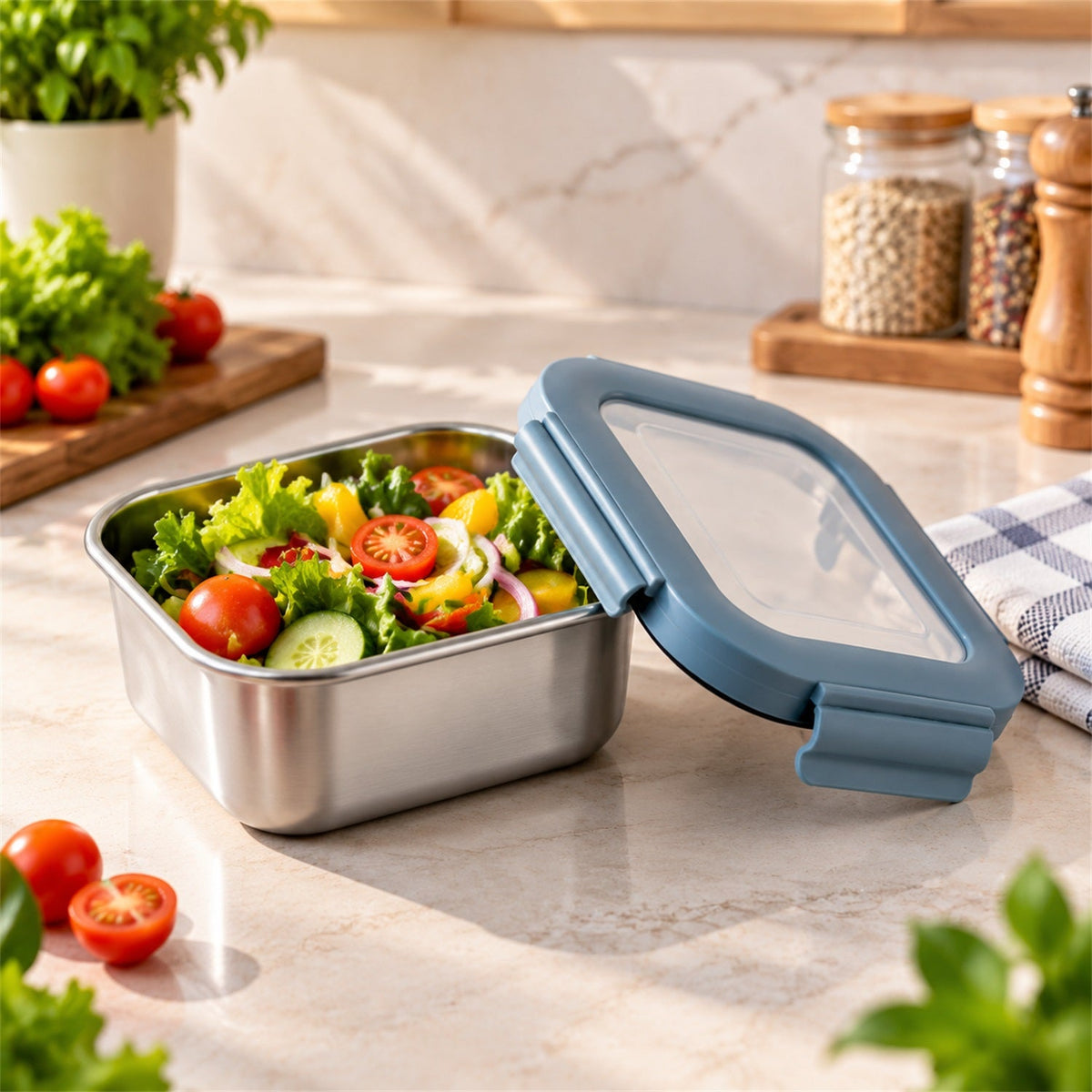 Square steel food container 300ml clip lock