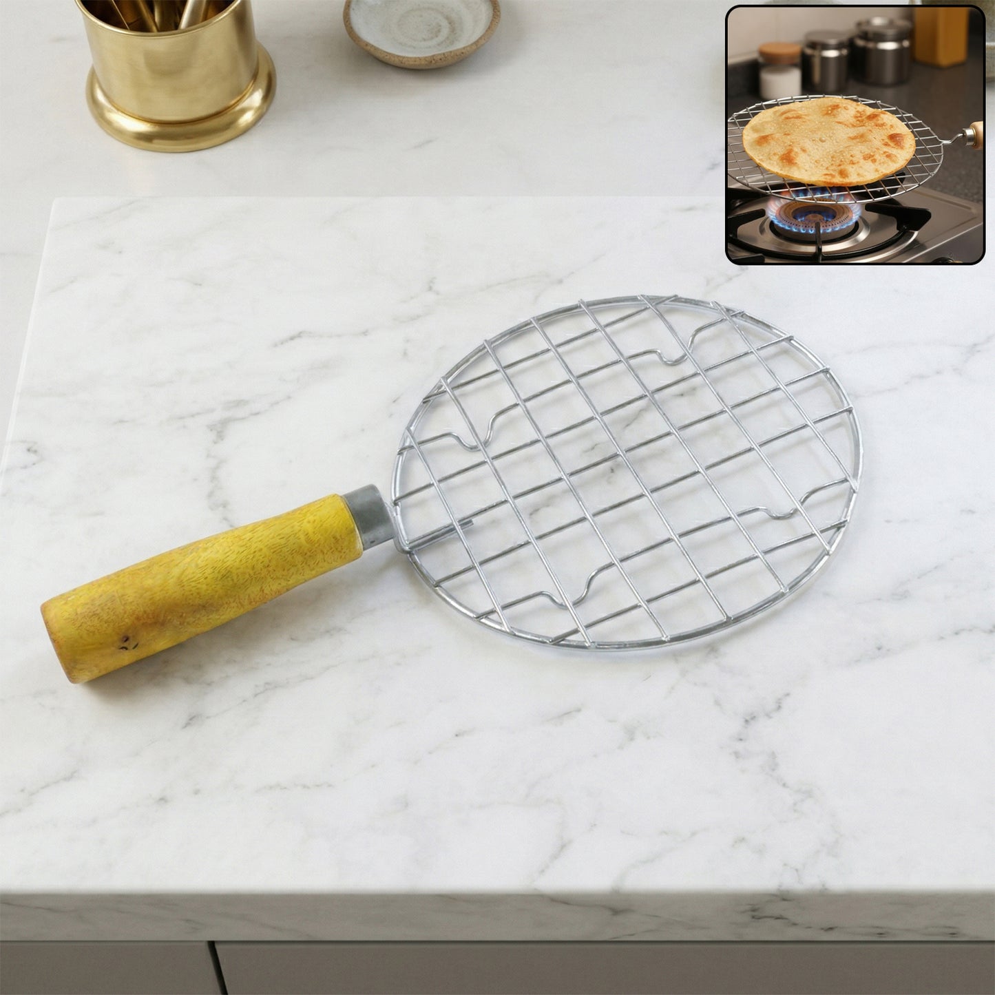 Kitchen Round Stainless Steel Roaster Papad Jali, Barbecue Grill with Wooden Handle