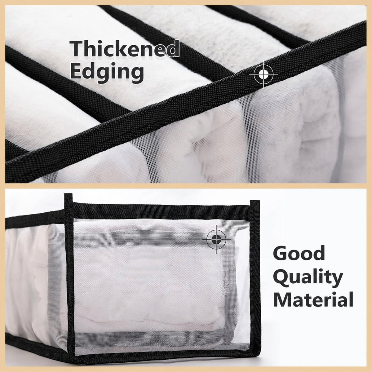 Mesh organizer reinforced edging detail