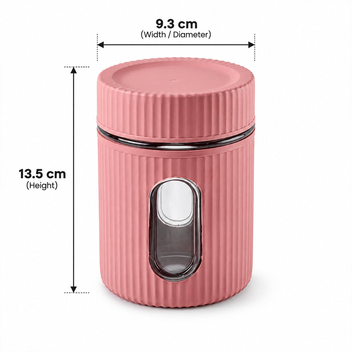 A pink ribbed storage jar with a clear window and lid displays its height and width measurements on a white backdrop.