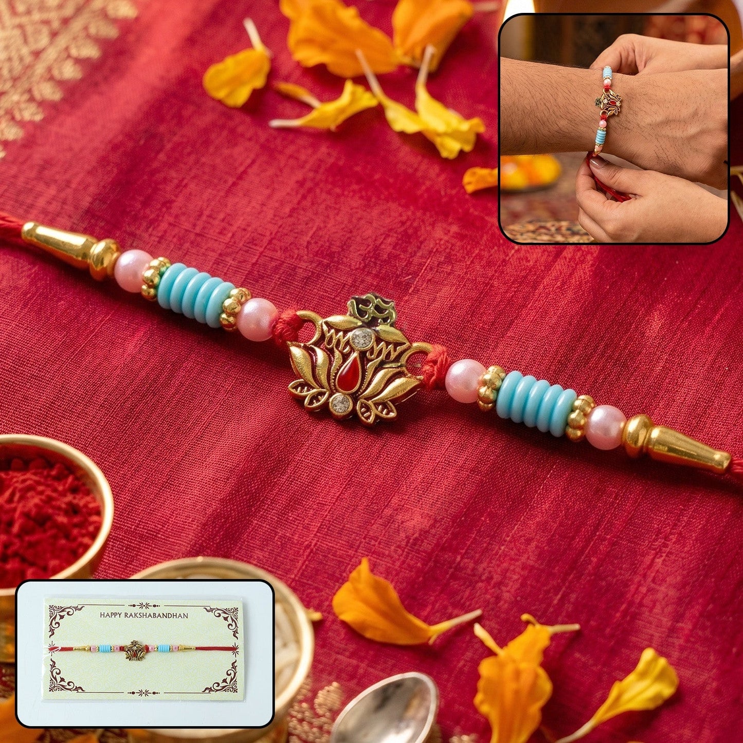 Antique Lord Ganesha on Lotus Designer Rakhi close-up with decorative beads