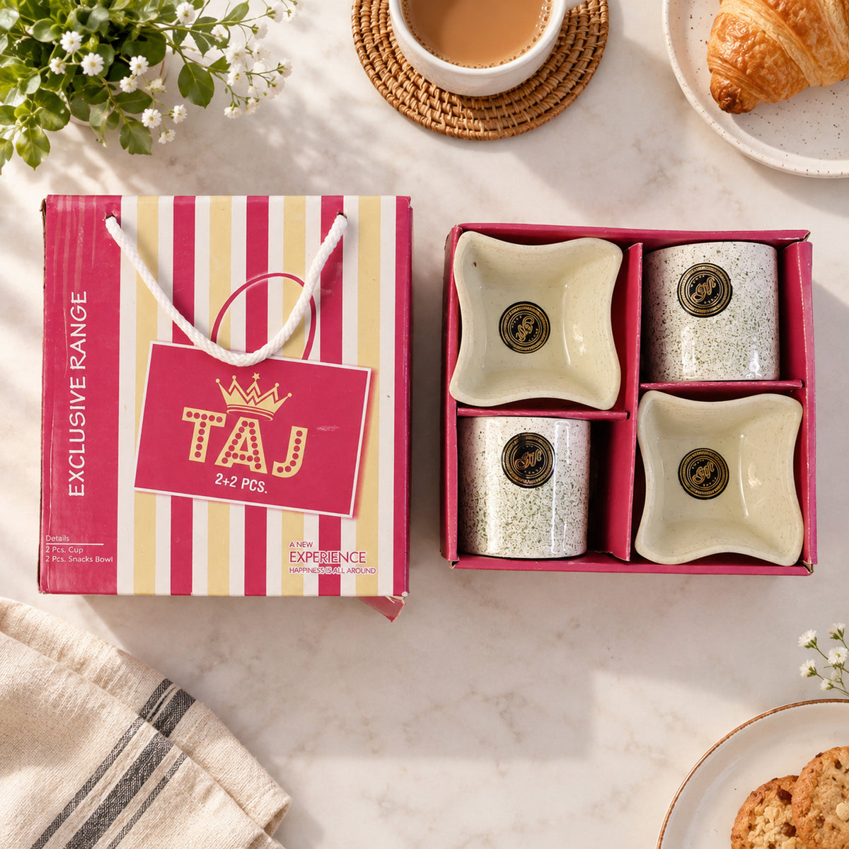 Ceramic Tea / cups / Mug Set Including Snacks / Serving Bowl Milk Cup, Coffee Cup, Tea Cup, Breakfast Cup, Drinking Mug or Outdoor for Household, Gift for Birthday, Wedding Party (4 Pcs set)