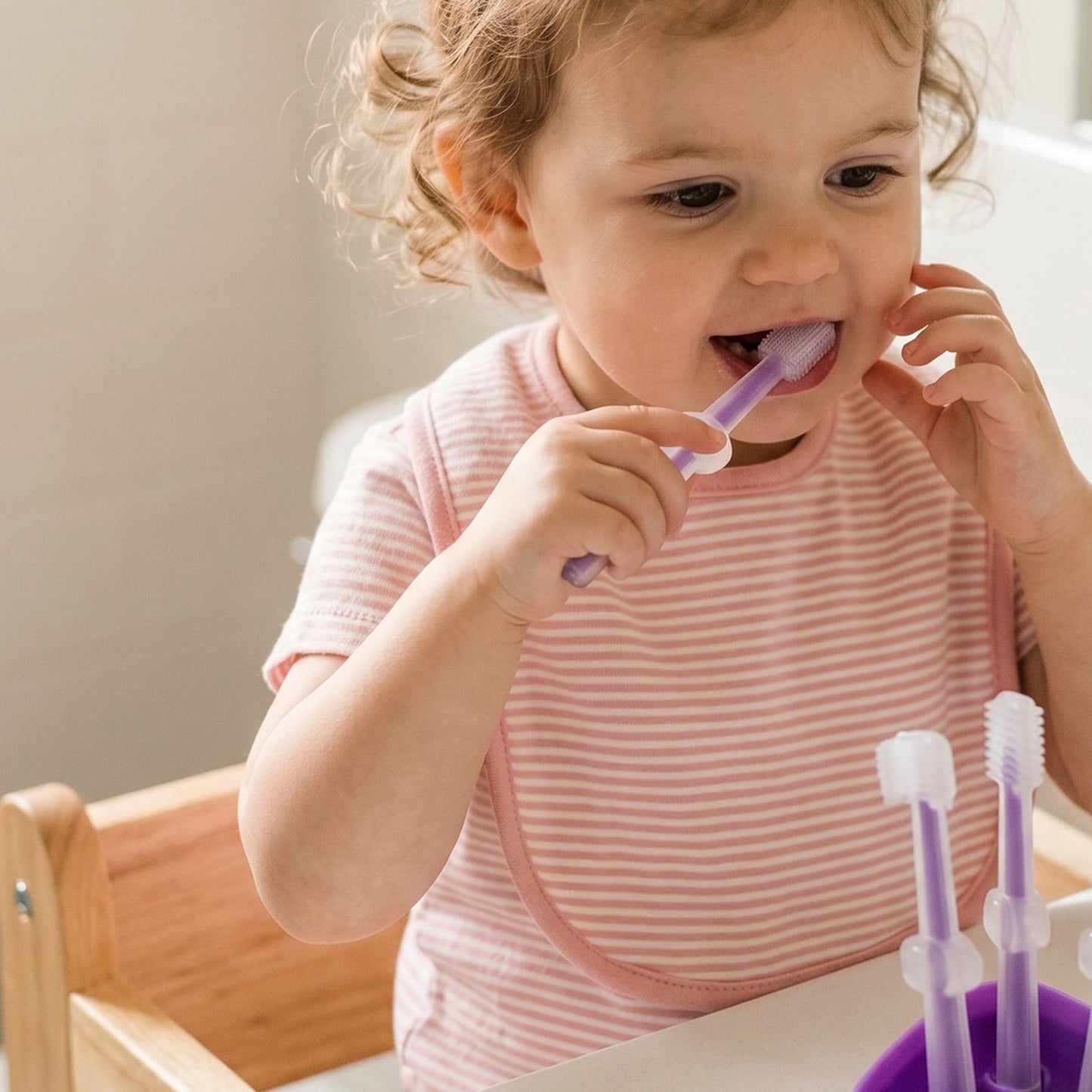 Multiple soft baby toothbrushes with silicone bristles, suitable for delicate gums and new teeth