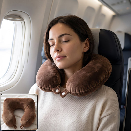 U shaped soft travel neck pillow, brown plush head and neck support (1 pc)