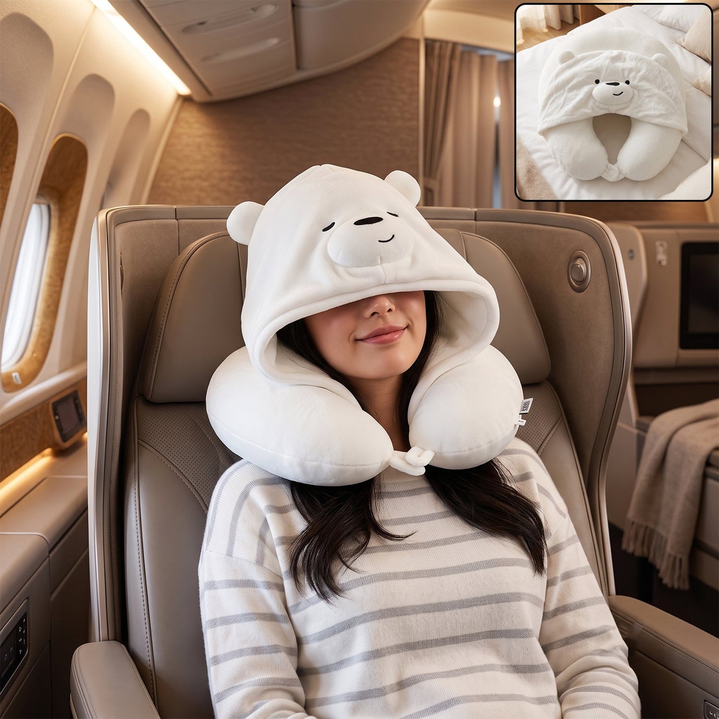 U Shaped Hooded Neck Pillow White Bear Travel Pillow with Hood Cap (1 Pc)
