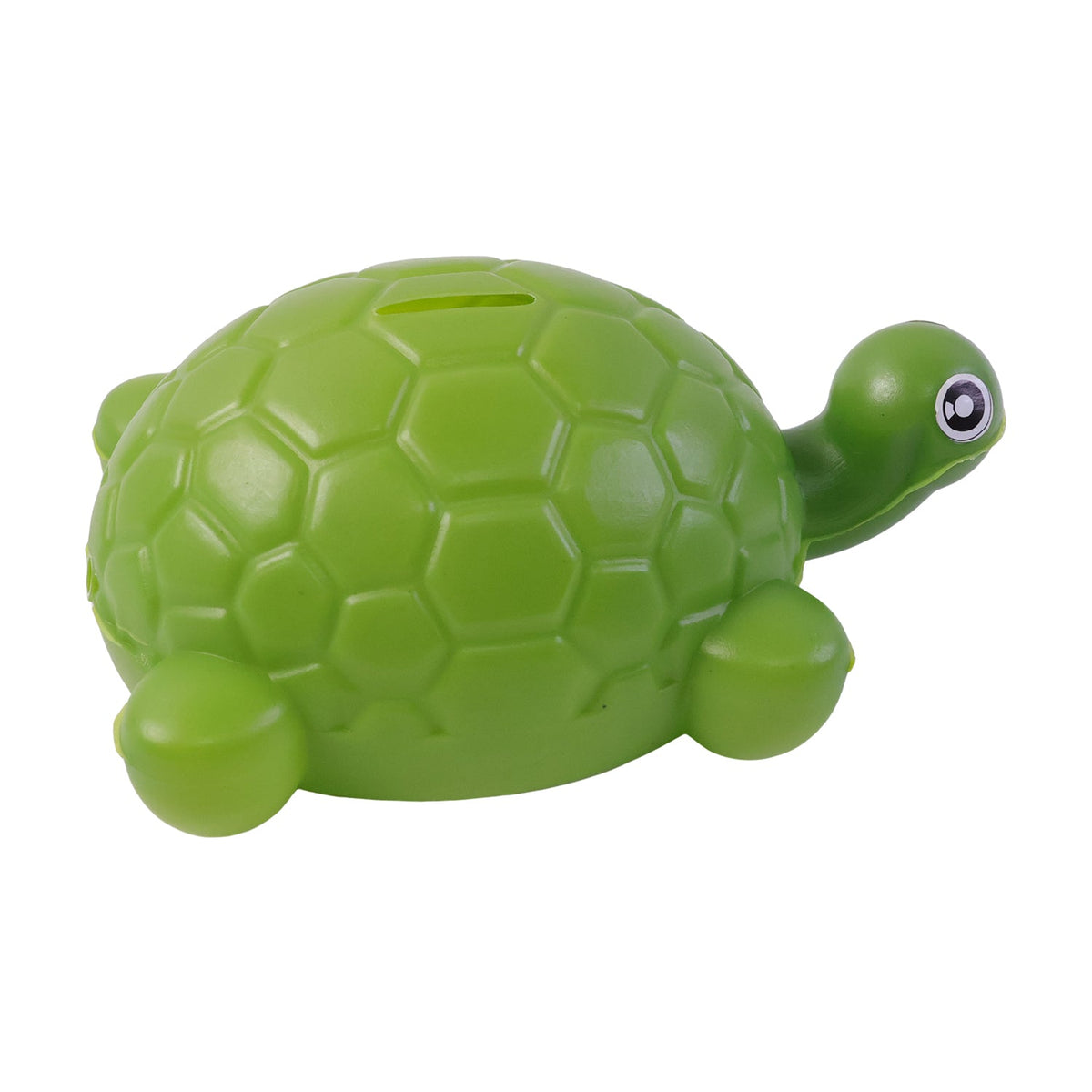 A bright green plastic turtle money bank with a coin slot on its back, isolated on a white background.