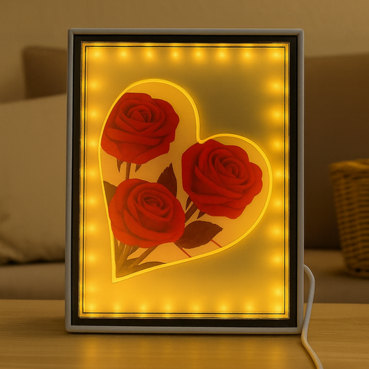 LED Rectangle Photo Frame with Heart and Red Roses Design