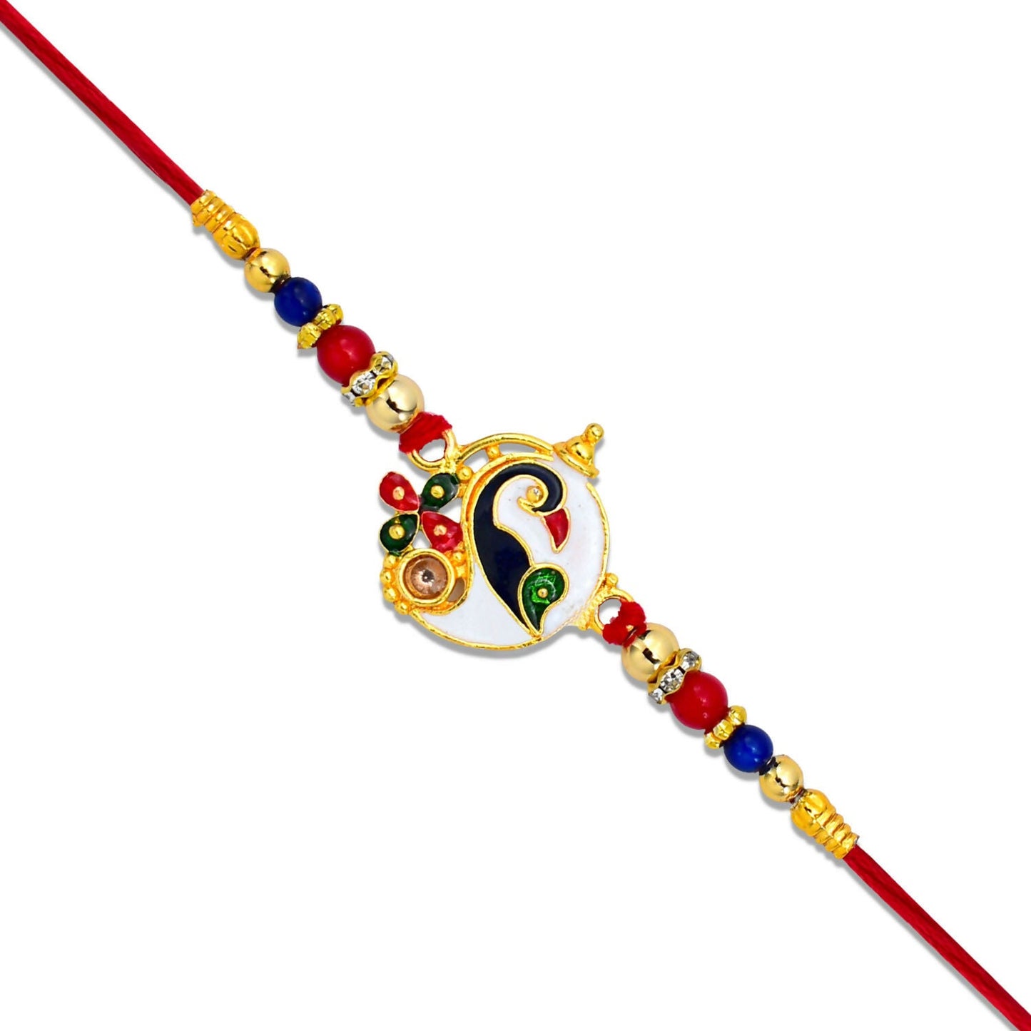 Designer Ganesha Rakhi with vibrant enamel peacock charm and decorative beadwork