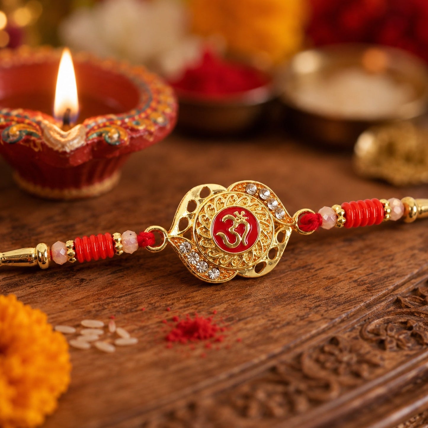 Side view of antique floral rakhi design.