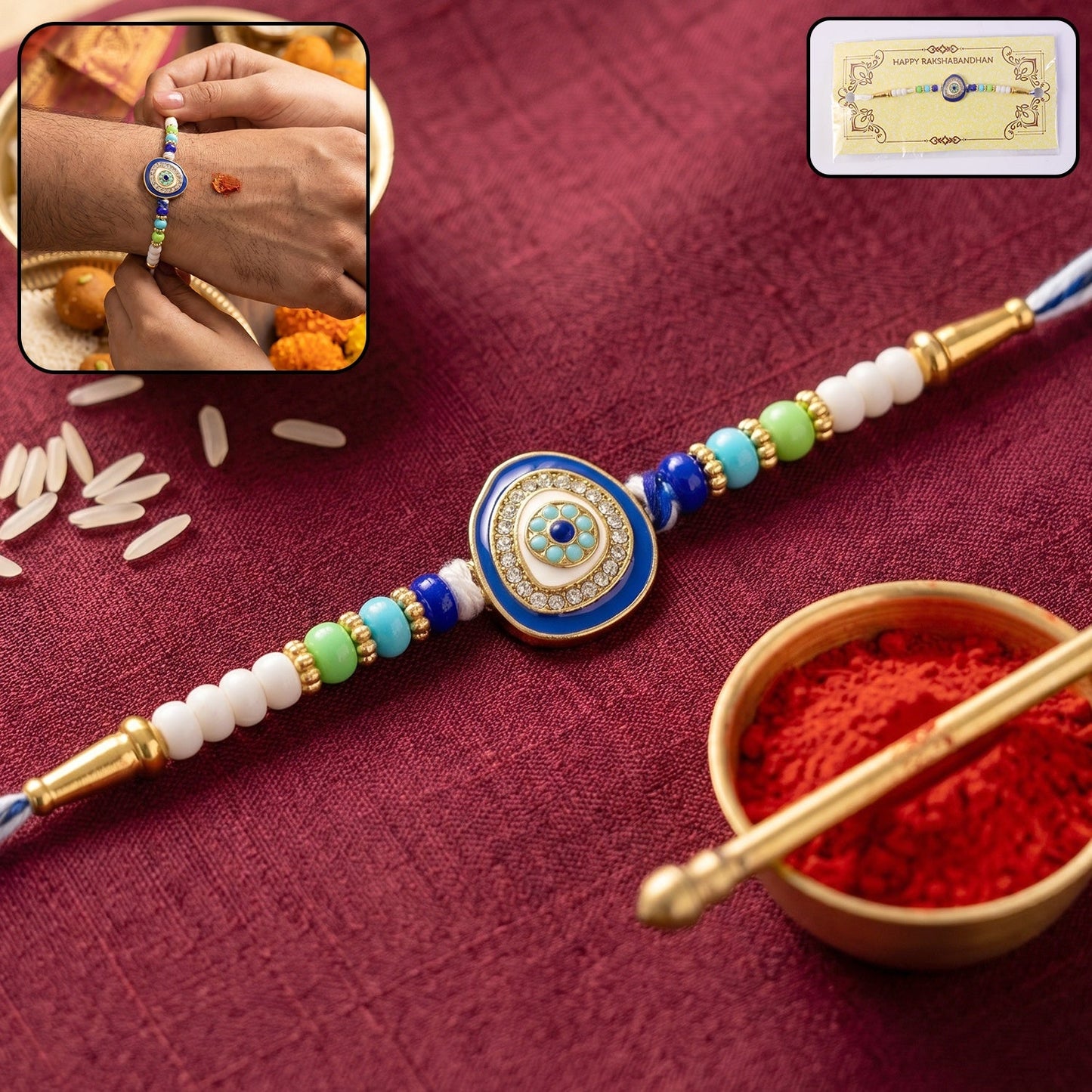 Evil Eye Round Kundan Diamond Rakhi on white background with traditional design