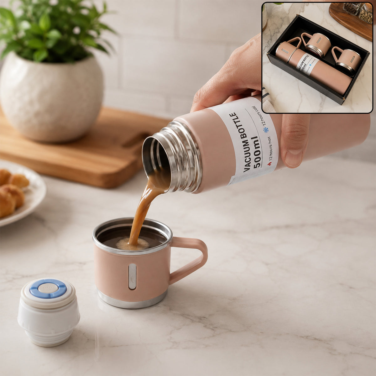 Stainless Steel Vacuum Flask Set with 3 Steel Cups Combo for Coffee Hot Drink and Cold Water Flask Ideal Gifting Travel Friendly Latest Flask Bottle. (500ml)