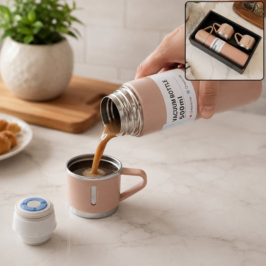 Stainless Steel Vacuum Flask Set with 3 Steel Cups Combo for Coffee Hot Drink and Cold Water Flask Ideal Gifting Travel Friendly Latest Flask Bottle. (500ml)